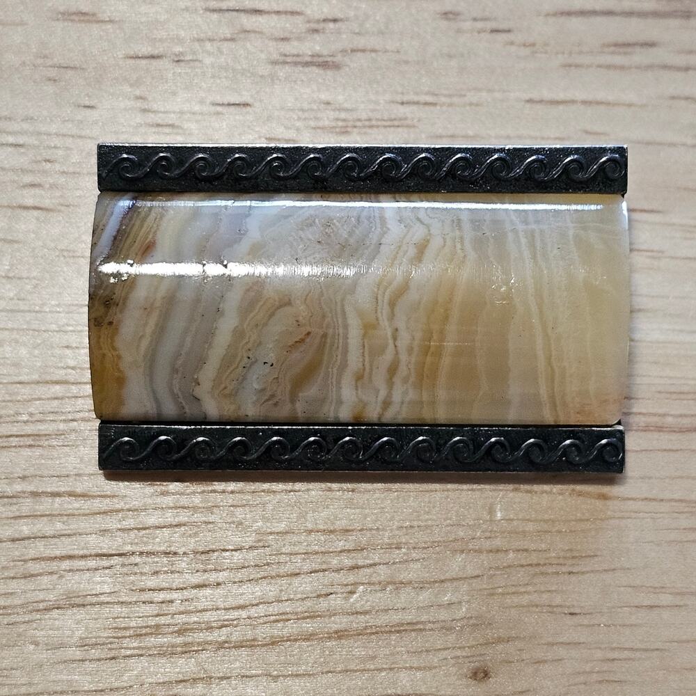 Vintage Banded Agate & 900 Silver Scroll Work Brooch